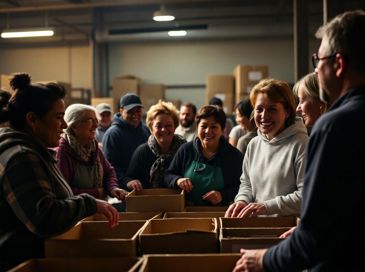 Community organization volunteers working together to pack boxes