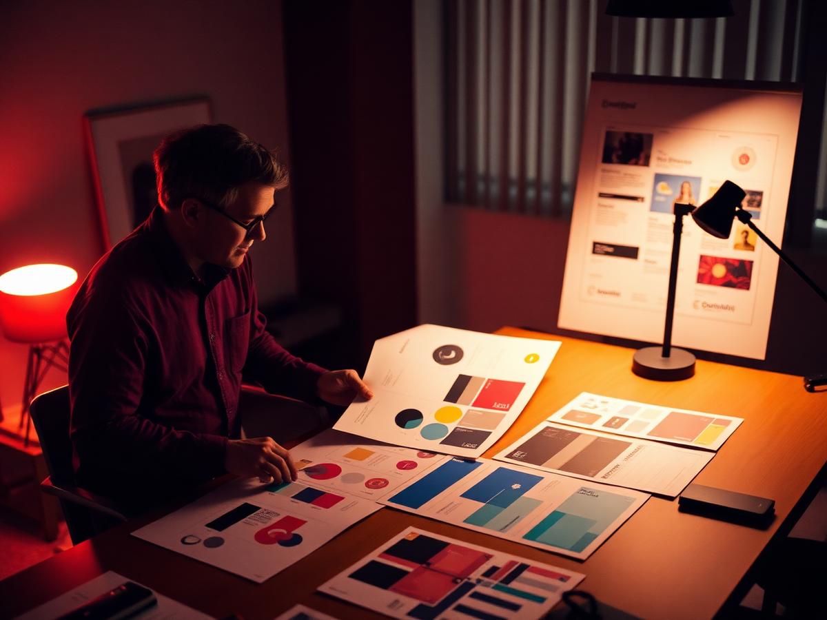 A designer reviewing brand boards and color swatches