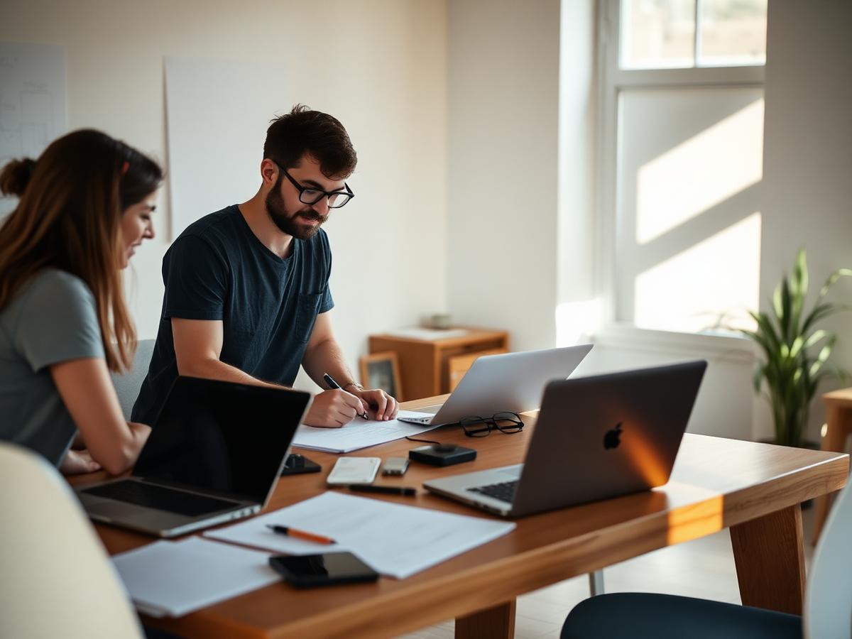 Designers collaborating on a project at a shared table