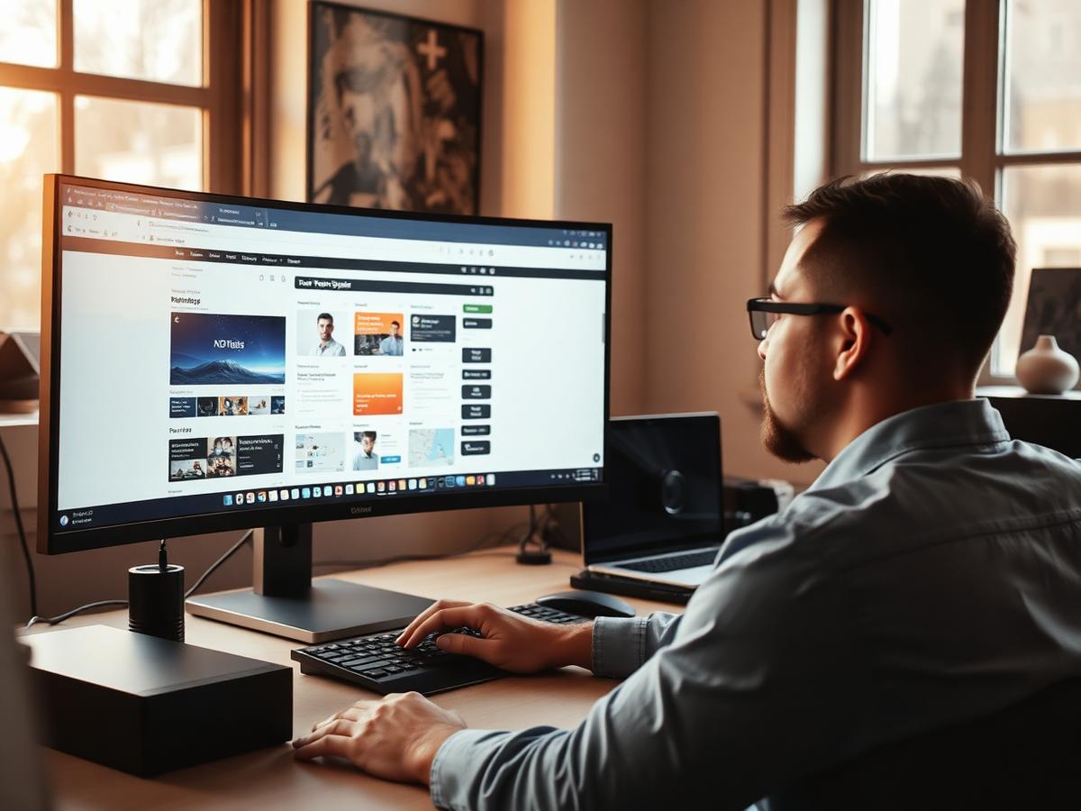 A designer building a website layout on a large monitor