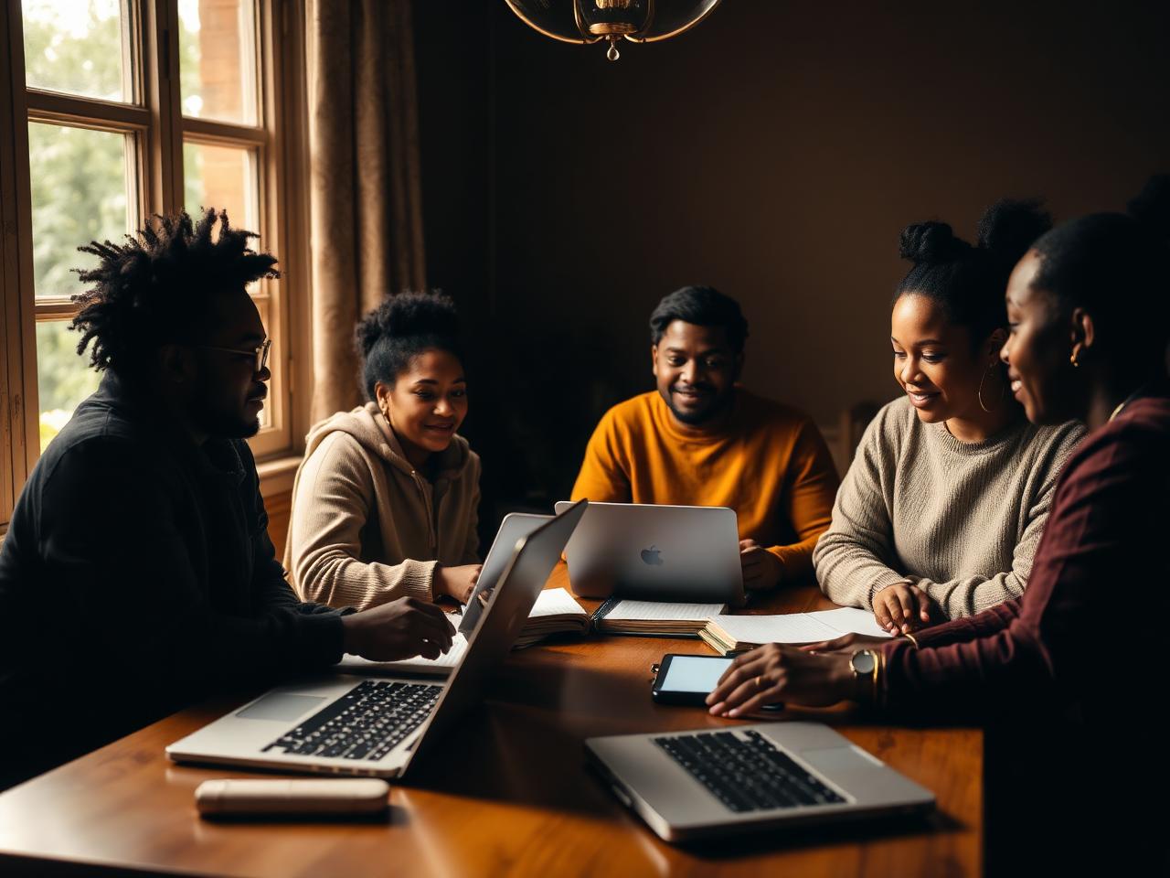 A nonprofit team working together around a table with laptops and notebooks