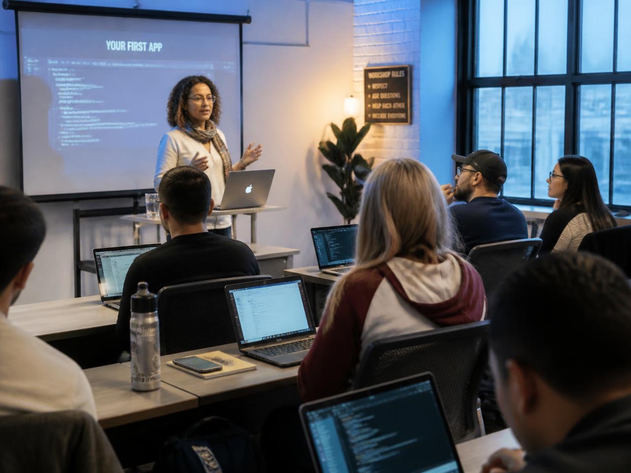 An instructor teaching a class of adult students working on laptops in a training room