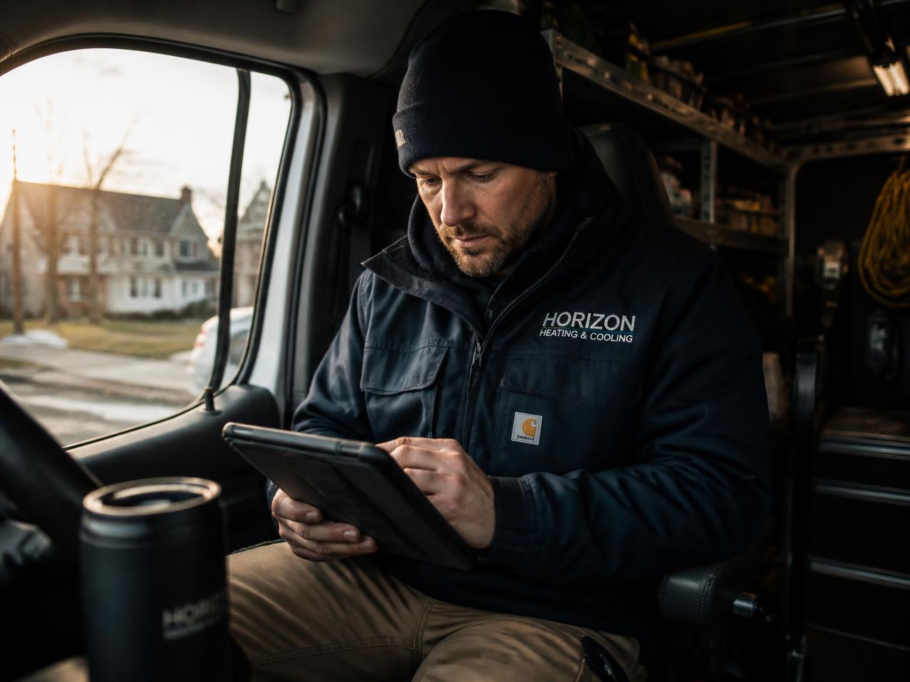 A field service technician checking the day's schedule on a tablet in a work van
