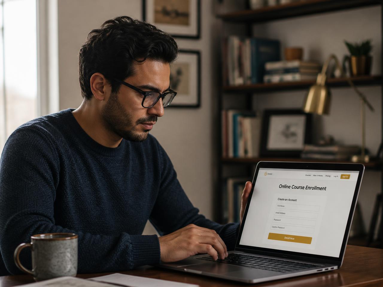 A student enrolling in a course online from home on a laptop